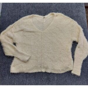 Free People Sweater Womens Small Cream Icing Fuzzy V Neck Pullover Cozy Stretchy